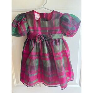 La Princess Vintage 90s Little Girls Green Pink Tartan Puff Sleeve Holiday Dress
